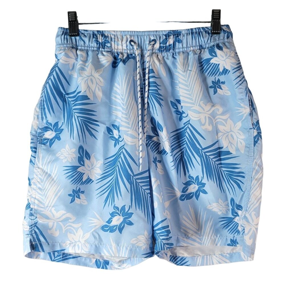 Goodfellow Swim Shorts Trunks Blue Small Hawaiian Floral Drawstring Pockets 7"